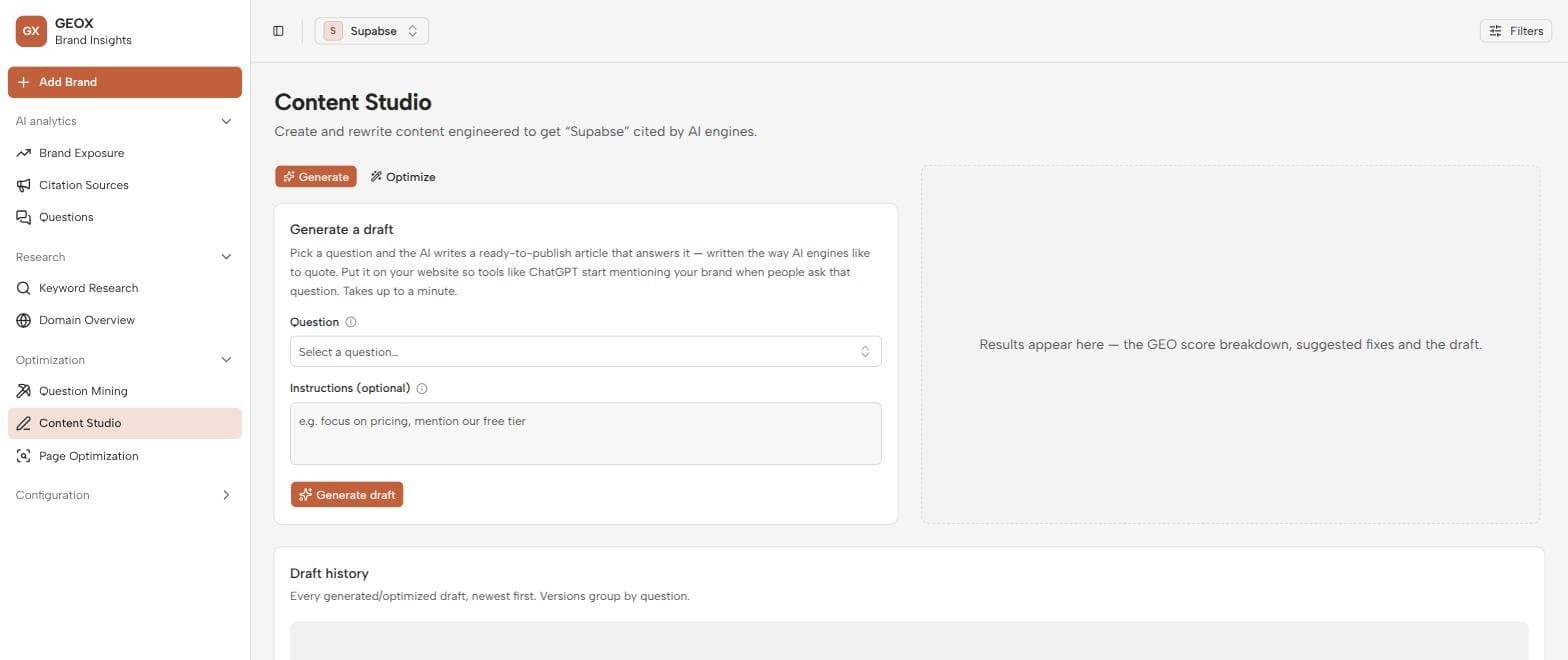 Content Studio with the Generate/Optimize toggle, question picker, and draft history